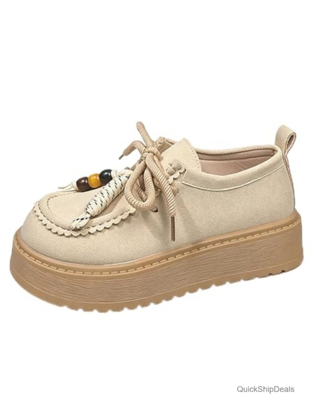 Retro Suede Platform Loafers with Lace-Up Design Beaded Comfortable Round Toe